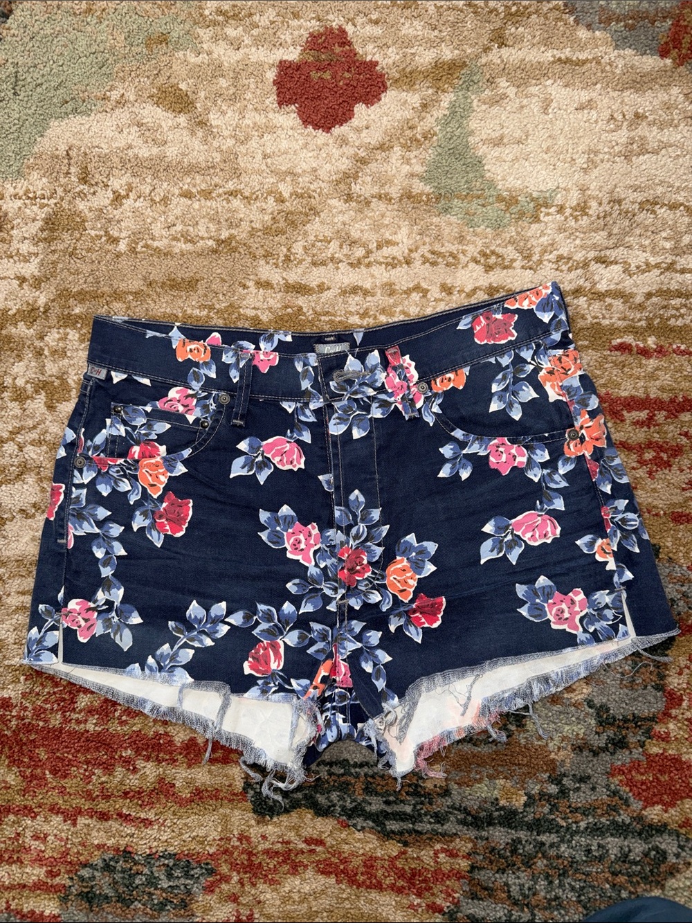 Floral Denim Cutoff Shorts - Navy with Pink & Red Roses